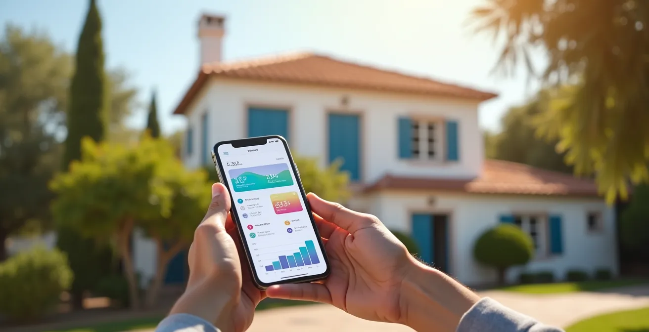 Propriétaire gérant son bien immobilier à distance depuis la France avec technologie moderne