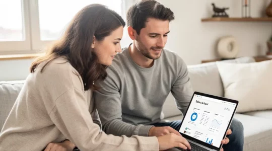 Couple français consultant une simulation de crédit immobilier sur ordinateur portable