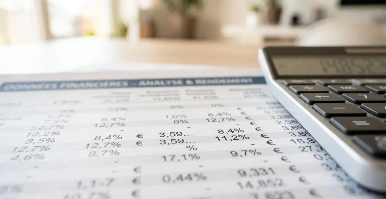 Vue rapprochée de documents financiers avec chiffres et pourcentages posés sur un bureau contemporain, calculatrice visible, arrière-plan flouté
