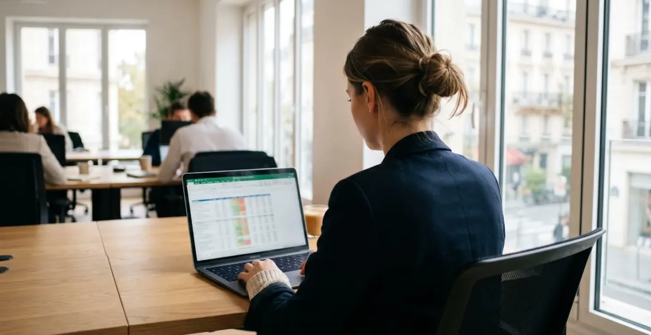 Vue par-dessus l'épaule d'une personne travaillant sur un ordinateur portable affichant des tableaux de données financières, dans un bureau moderne lumineux
