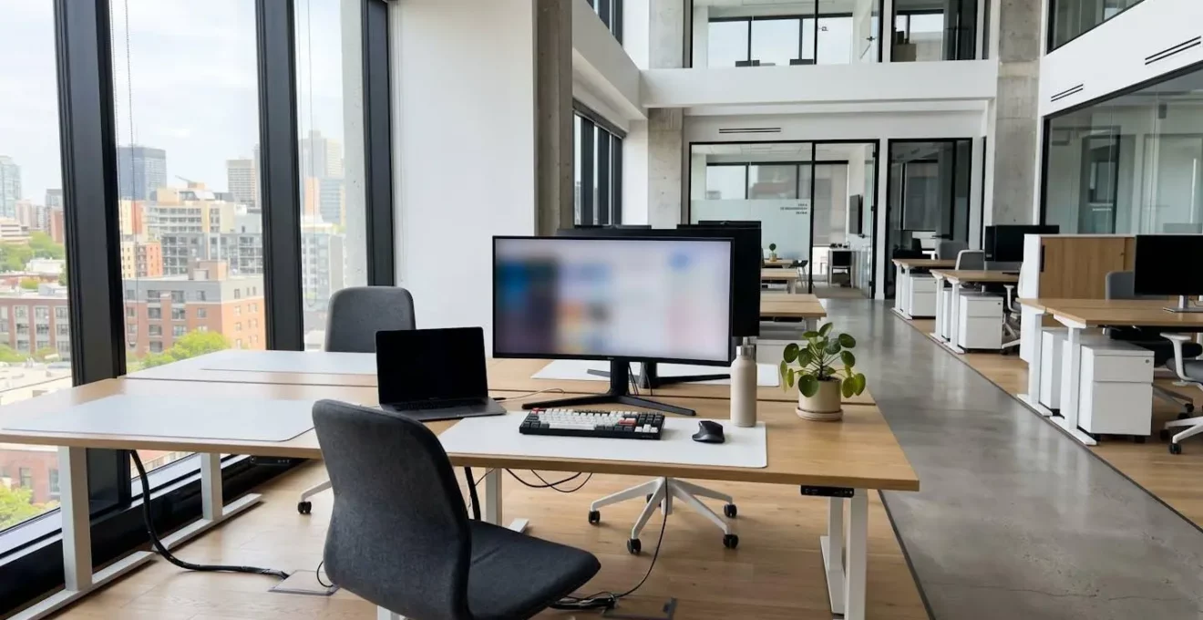 Bureau contemporain vide avec un ordinateur portable ouvert dont l'écran est totalement flouté, design minimaliste scandinave baigné de lumière naturelle
