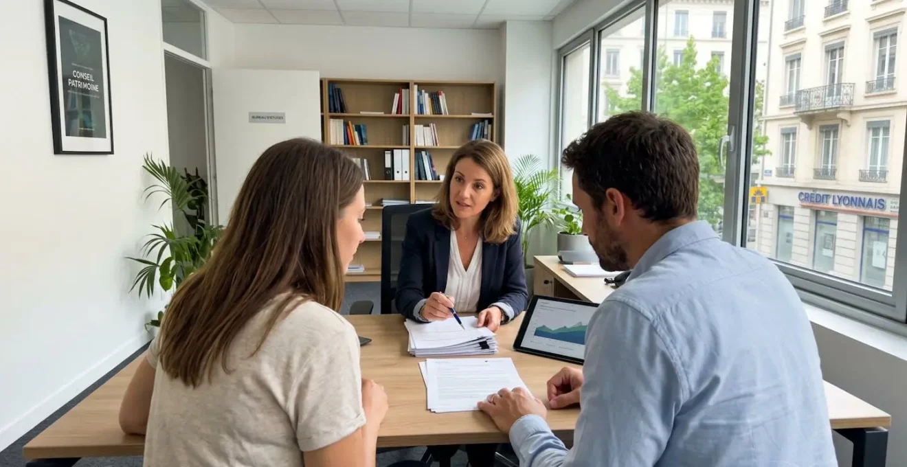 Un couple vu de dos consulte un conseiller financier dans un bureau lumineux aux tons contemporains