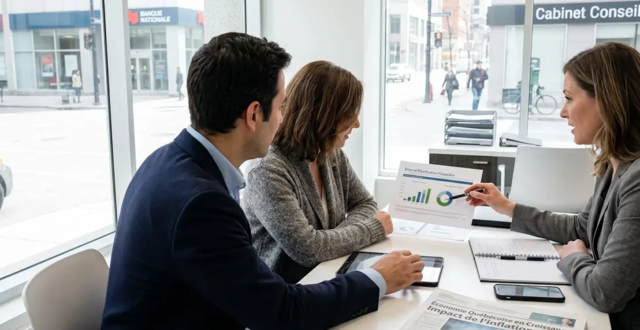 Un couple vu de dos consulte un conseiller financier dans un bureau lumineux aux tons contemporains
