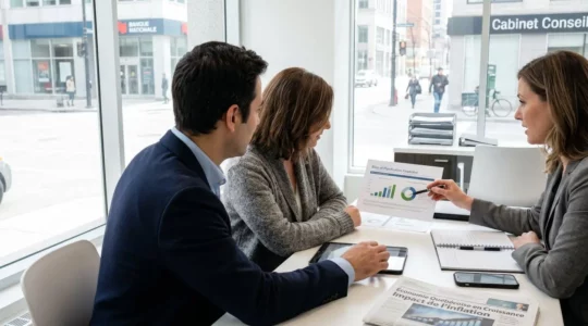 Un couple vu de dos consulte un conseiller financier dans un bureau lumineux aux tons contemporains