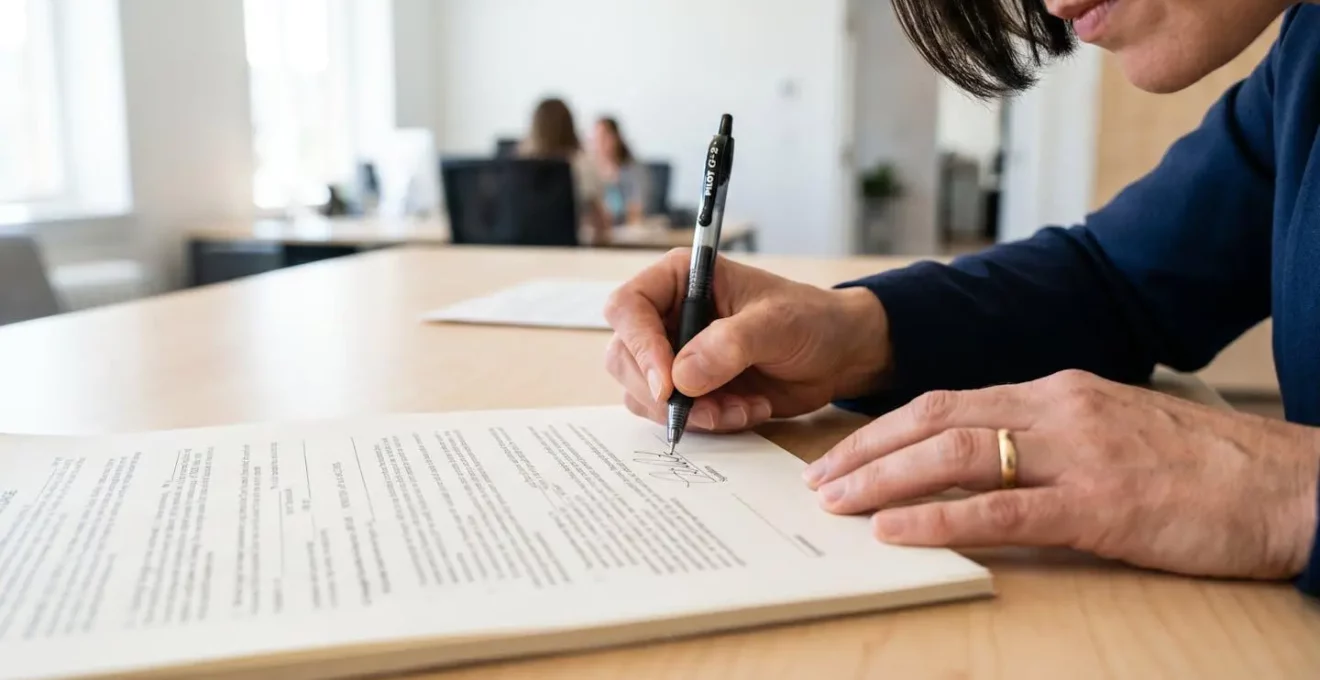 Gros plan sur des mains signant un document contractuel avec un stylo noir, le texte du contrat apparaît totalement flouté